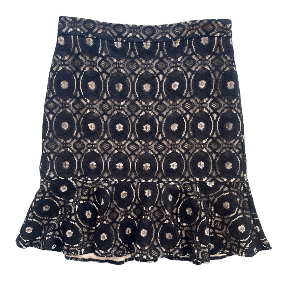 Ann Taylor Women’s Size 10 Black & Tan Floral Lace Lined Ruffle Hem Pencil Skirt